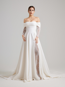 Off-the-Shoulder Satin A-Line Wedding Dress with Lace Sleeves & Thigh-High Slit