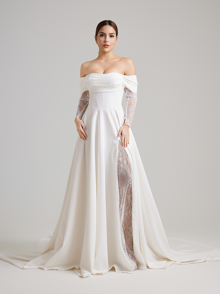 Off-the-Shoulder Satin A-Line Wedding Dress with Lace Sleeves & Thigh-High Slit