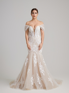 Off-the-Shoulder Lace Mermaid Wedding Dress with Sheer Corset Bodice & Glitter Tulle Skirt