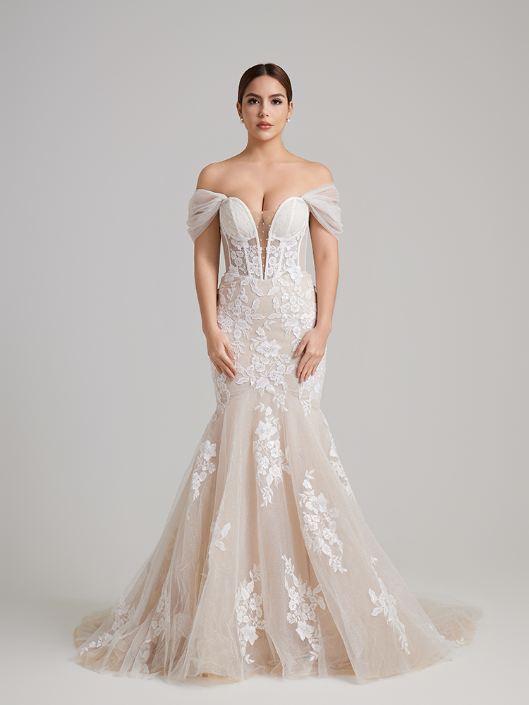 Off-the-Shoulder Lace Mermaid Wedding Dress with Sheer Corset Bodice & Glitter Tulle Skirt
