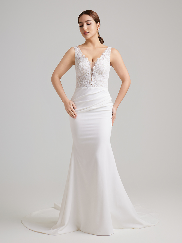 Deep V Neck Lace Bodice Satin Mermaid Wedding Dress