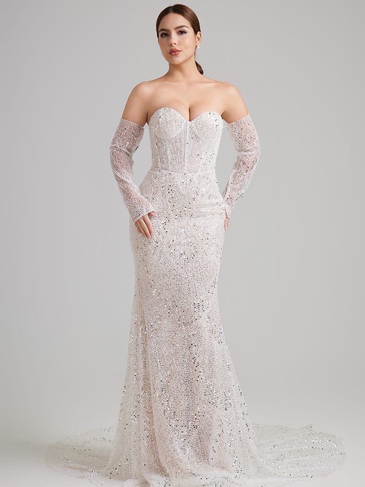  Off-the-Shoulder Beaded Mermaid Wedding Gown