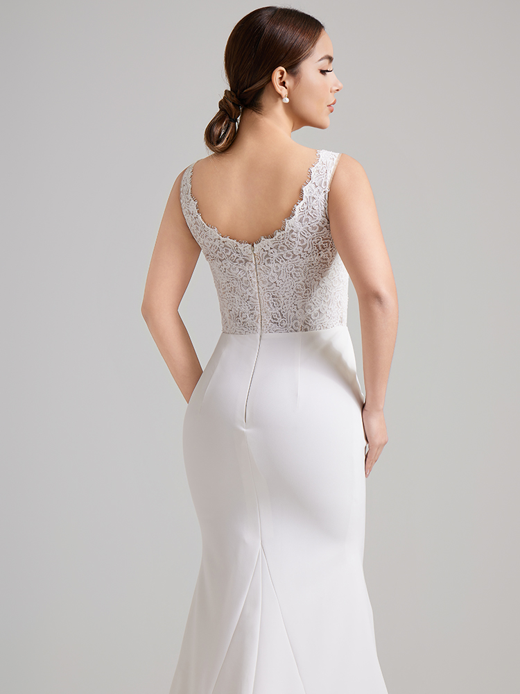 Deep V Neck Lace Bodice Satin Mermaid Wedding Dress