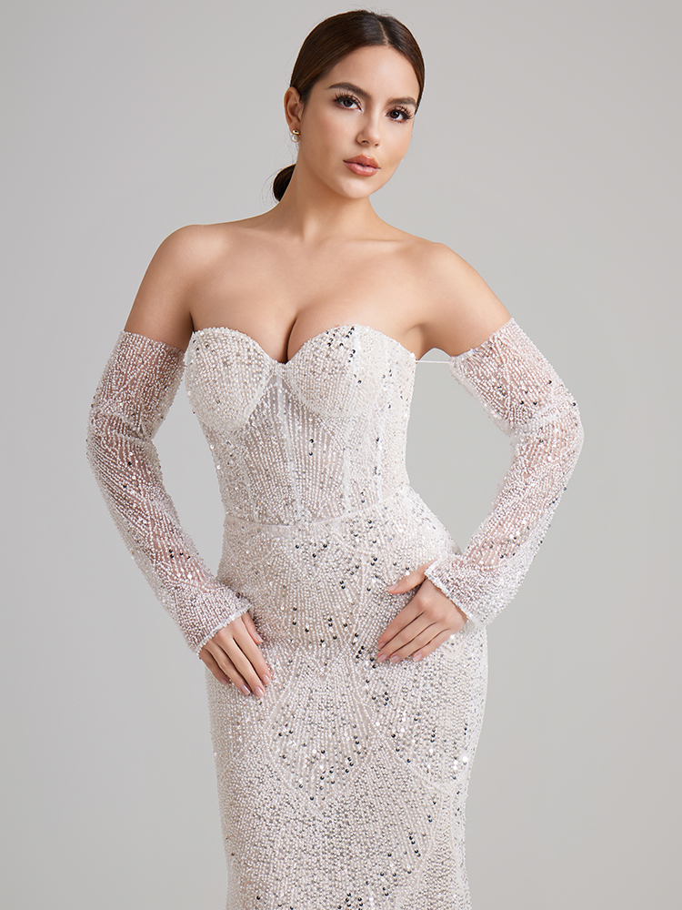  Off-the-Shoulder Beaded Mermaid Wedding Gown