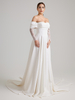 Off-the-Shoulder Satin A-Line Wedding Dress with Lace Sleeves & Thigh-High Slit