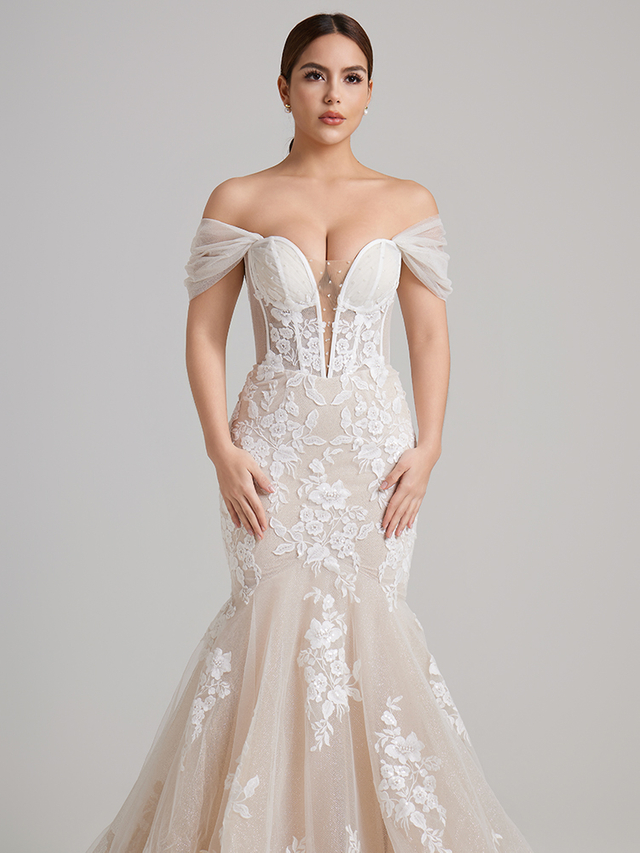 Off-the-Shoulder Lace Mermaid Wedding Dress with Sheer Corset Bodice & Glitter Tulle Skirt