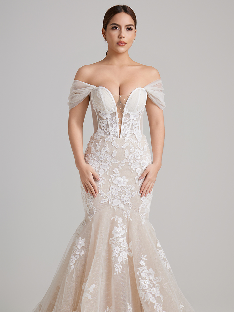 Off-the-Shoulder Lace Mermaid Wedding Dress with Sheer Corset Bodice & Glitter Tulle Skirt