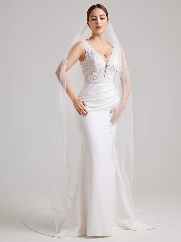 Deep V Neck Lace Bodice Satin Mermaid Wedding Dress