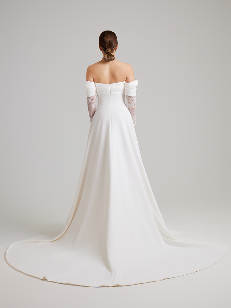 Off-the-Shoulder Satin A-Line Wedding Dress with Lace Sleeves & Thigh-High Slit