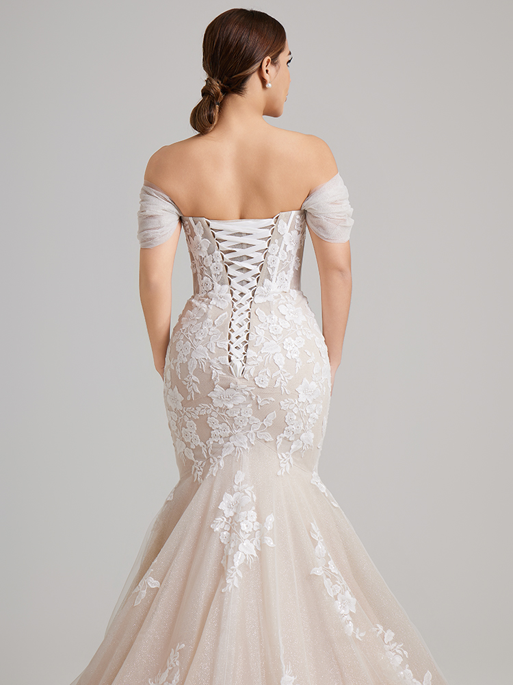 Off-the-Shoulder Lace Mermaid Wedding Dress with Sheer Corset Bodice & Glitter Tulle Skirt