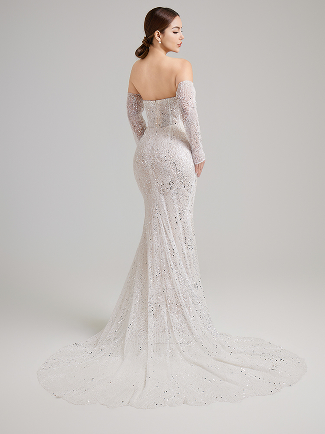  Off-the-Shoulder Beaded Mermaid Wedding Gown