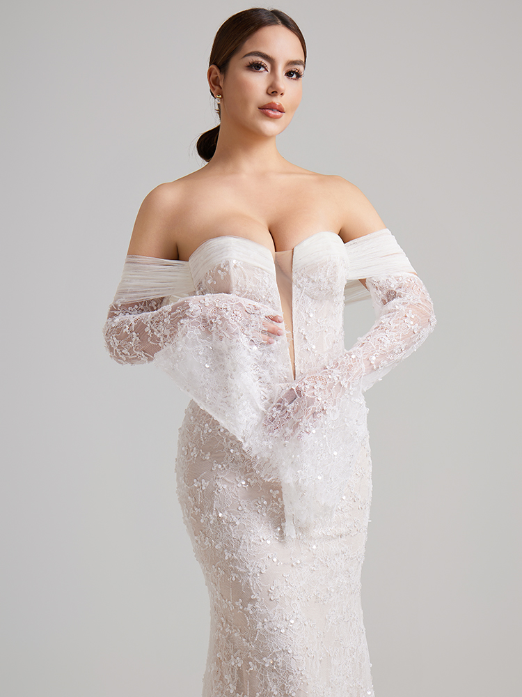 Off-the-Shoulder Lace Mermaid Wedding Dress with Bell Sleeves & Deep V-Neck