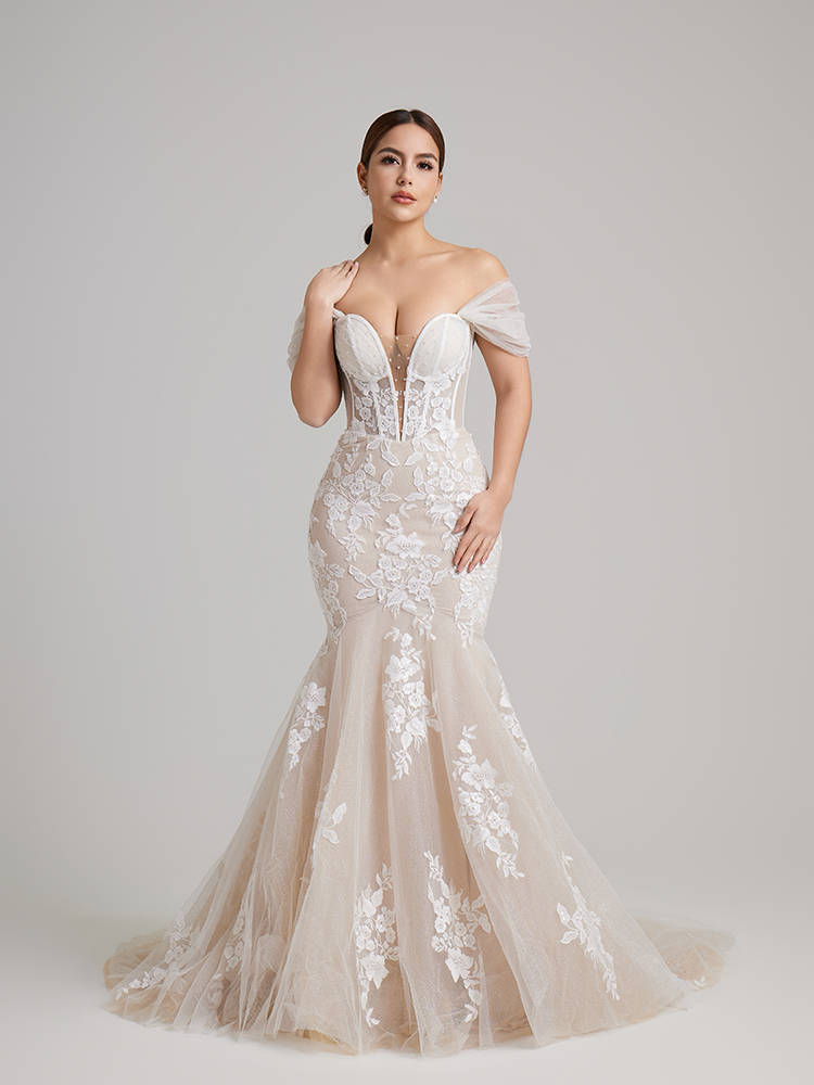 Off-the-Shoulder Lace Mermaid Wedding Dress with Sheer Corset Bodice & Glitter Tulle Skirt