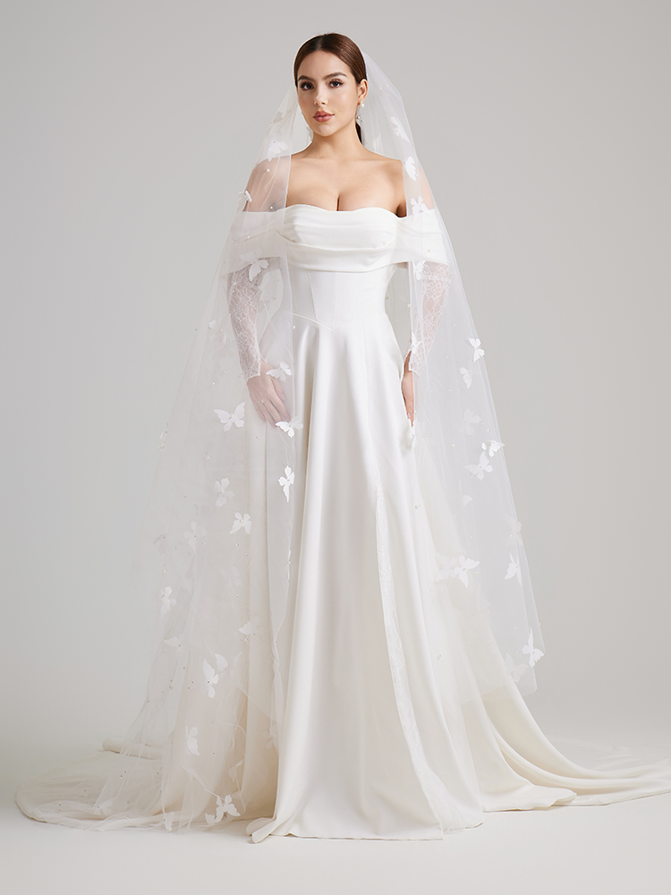 Off-the-Shoulder Satin A-Line Wedding Dress with Lace Sleeves & Thigh-High Slit