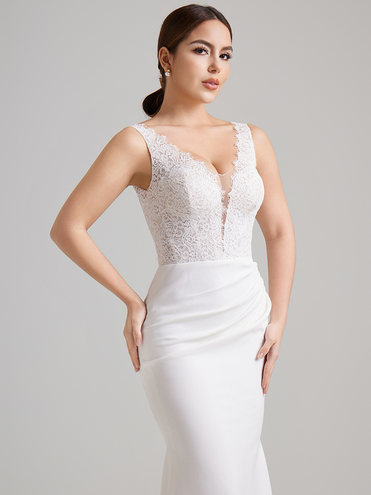Deep V Neck Lace Bodice Satin Mermaid Wedding Dress