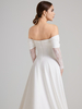 Off-the-Shoulder Satin A-Line Wedding Dress with Lace Sleeves & Thigh-High Slit