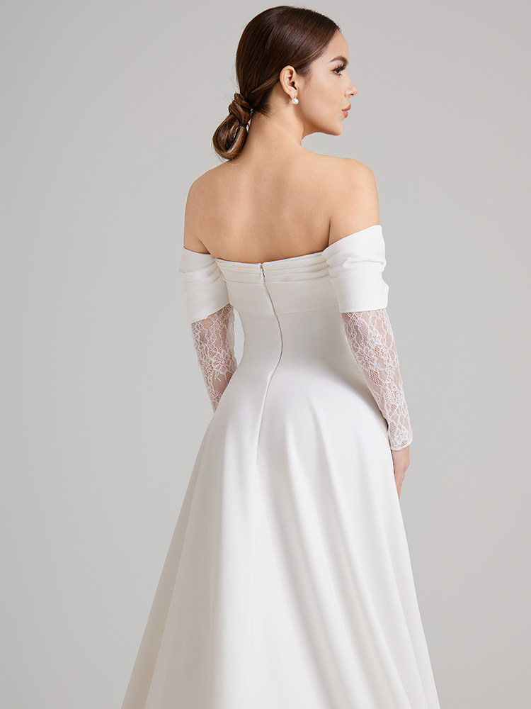 Off-the-Shoulder Satin A-Line Wedding Dress with Lace Sleeves & Thigh-High Slit