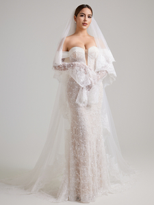 Off-the-Shoulder Lace Mermaid Wedding Dress with Bell Sleeves & Deep V-Neck
