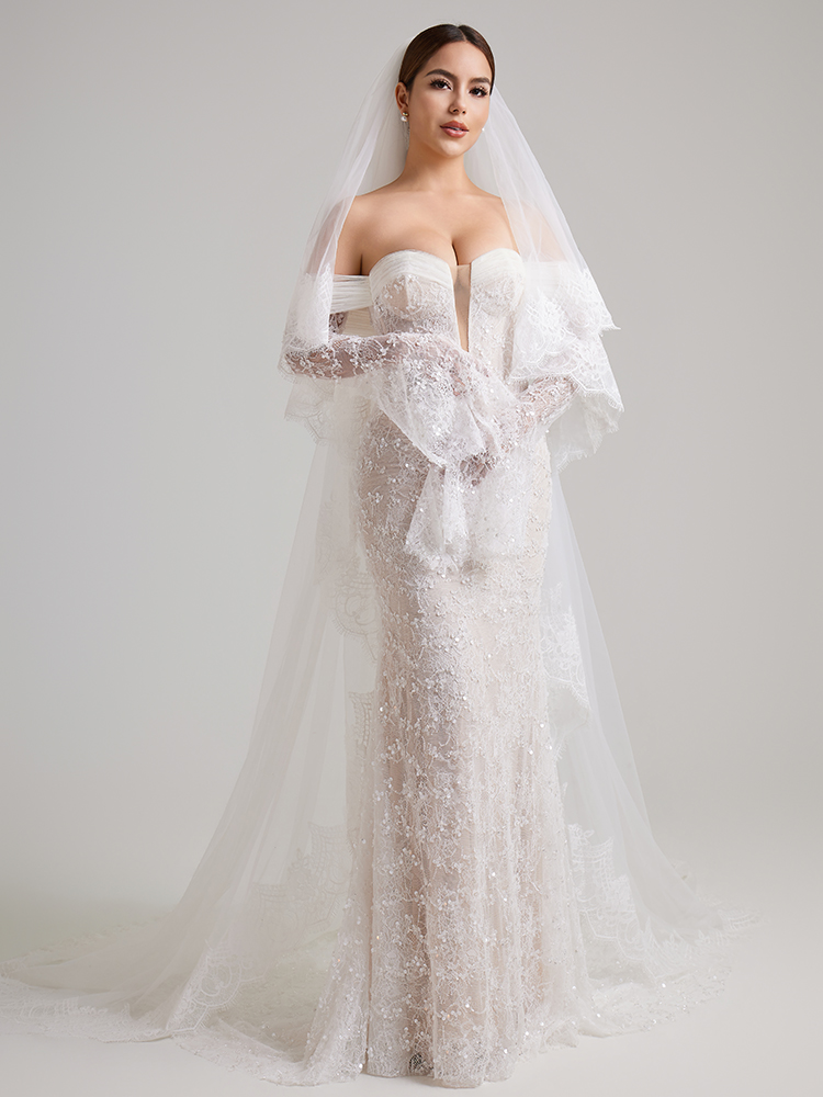 Off-the-Shoulder Lace Mermaid Wedding Dress with Bell Sleeves & Deep V-Neck