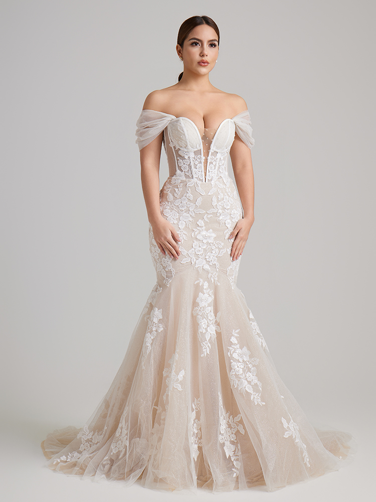 Off-the-Shoulder Lace Mermaid Wedding Dress with Sheer Corset Bodice & Glitter Tulle Skirt
