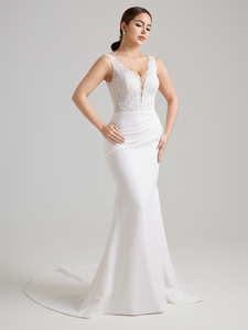 Deep V Neck Lace Bodice Satin Mermaid Wedding Dress