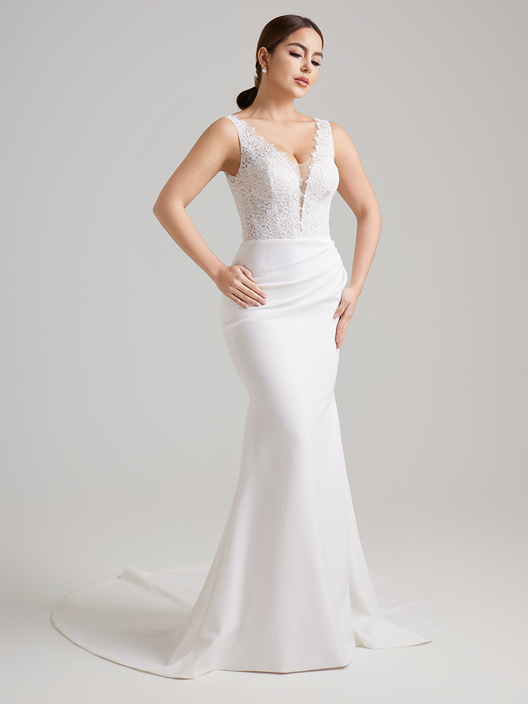 Deep V Neck Lace Bodice Satin Mermaid Wedding Dress