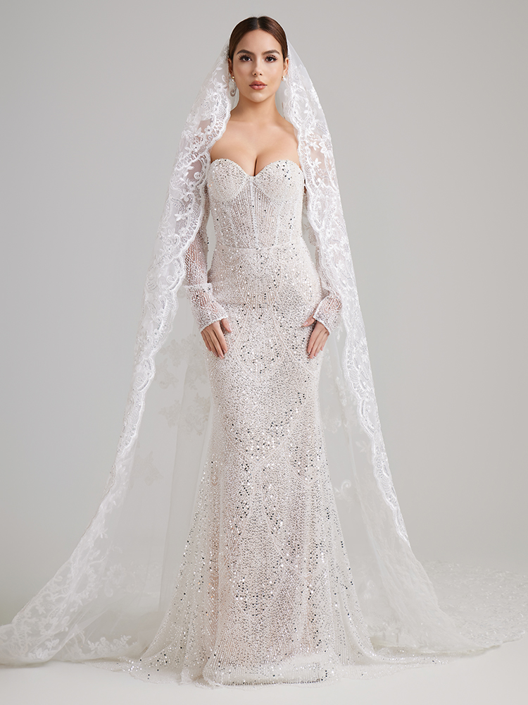  Off-the-Shoulder Beaded Mermaid Wedding Gown