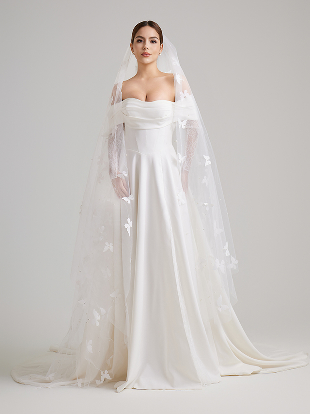 Off-the-Shoulder Satin A-Line Wedding Dress with Lace Sleeves & Thigh-High Slit