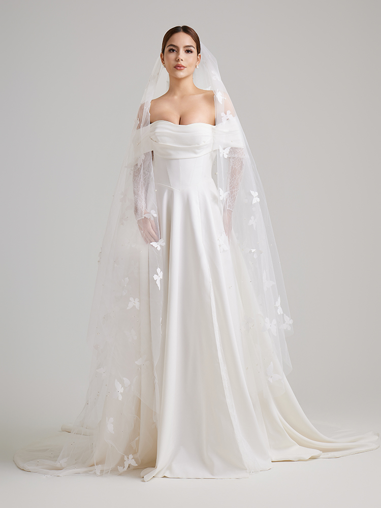 Off-the-Shoulder Satin A-Line Wedding Dress with Lace Sleeves & Thigh-High Slit