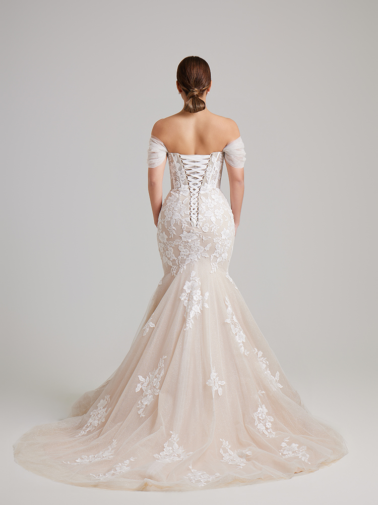 Off-the-Shoulder Lace Mermaid Wedding Dress with Sheer Corset Bodice & Glitter Tulle Skirt