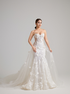 Strapless 3D Floral Lace Mermaid Wedding Dress with Detachable Overskirt & Sheer Corset