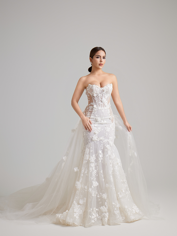 Strapless 3D Floral Lace Mermaid Wedding Dress with Detachable Overskirt & Sheer Corset