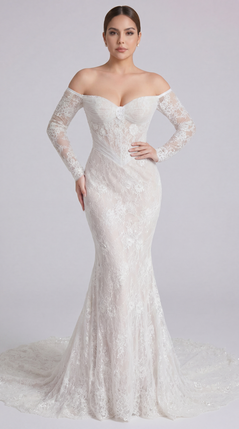 Off-the-Shoulder Long Sleeve Lace Mermaid Wedding Dress with Pleated Tulle Corset Bodice
