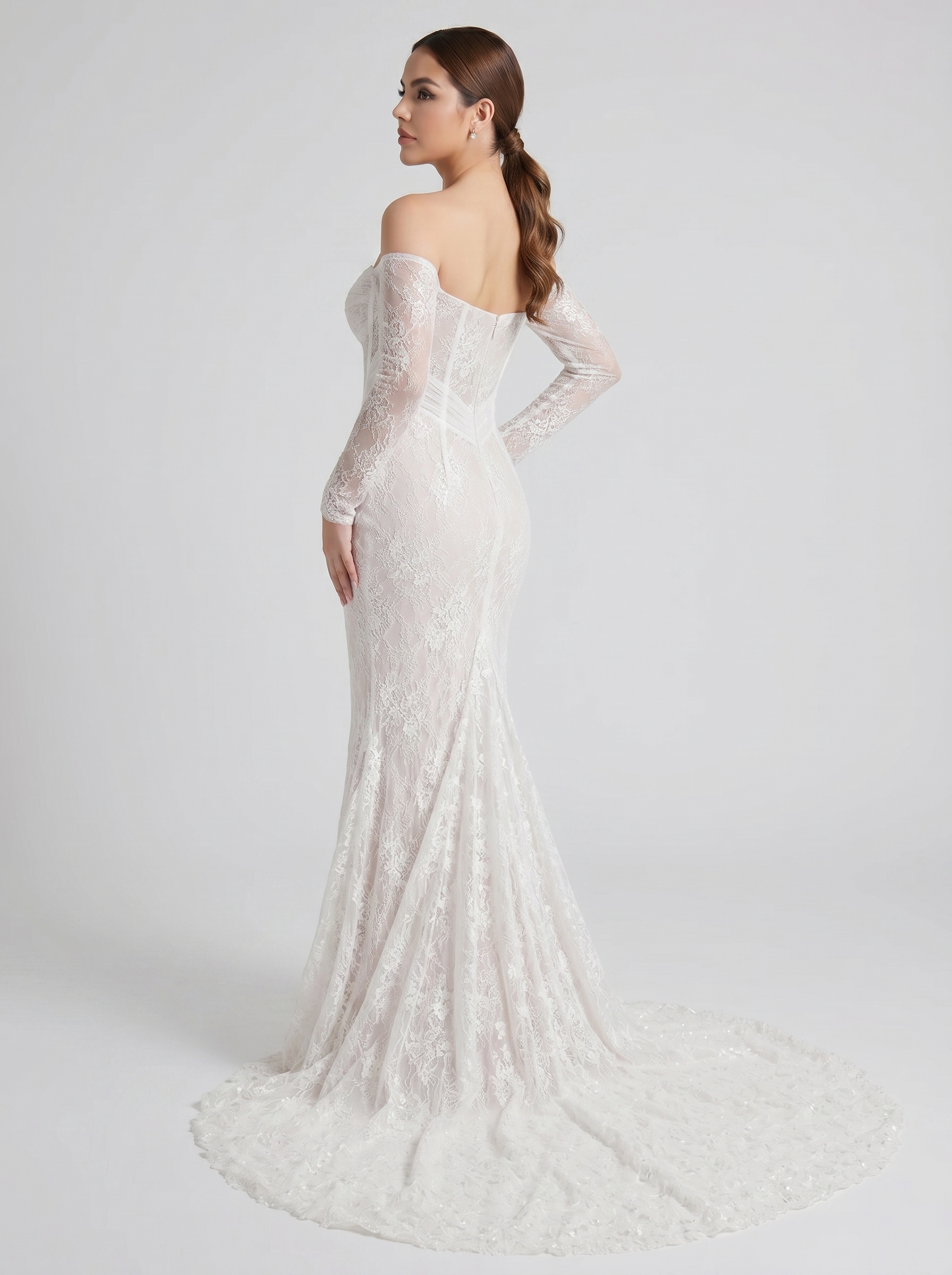 Off-the-Shoulder Long Sleeve Lace Mermaid Wedding Dress with Pleated Tulle Corset Bodice