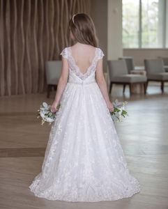 Scalloped Cap Sleeve V-Back Lace Tulle Flower Gir