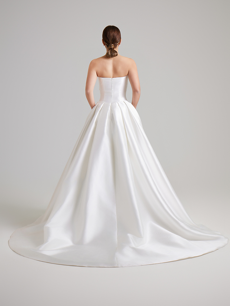 Strapless Bow Bodice Satin Ball Gown Wedding Dress with Side Pockets & Sweep Train
