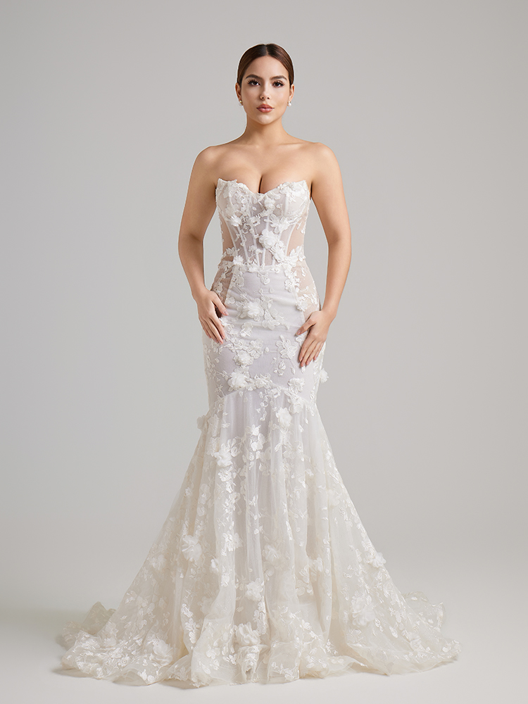 Strapless 3D Floral Lace Mermaid Wedding Dress with Detachable Overskirt & Sheer Corset