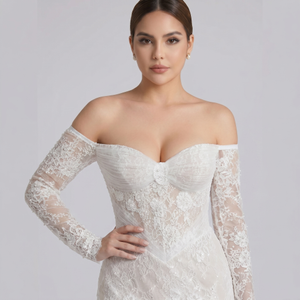 Off-the-Shoulder Long Sleeve Lace Mermaid Wedding Dress with Pleated Tulle Corset Bodice