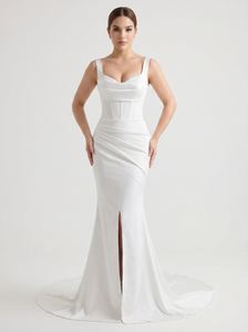 Satin Cowl Neck Mermaid Wedding Dress with Ruched Waist & Front Slit
