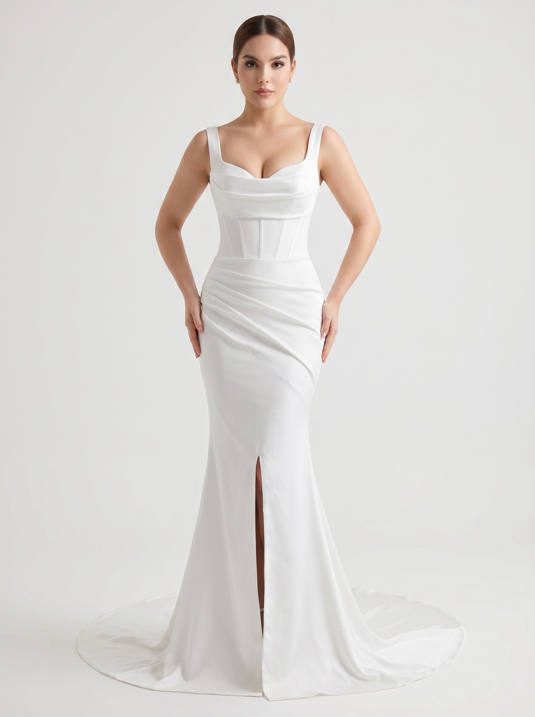 Satin Cowl Neck Mermaid Wedding Dress with Ruched Waist & Front Slit