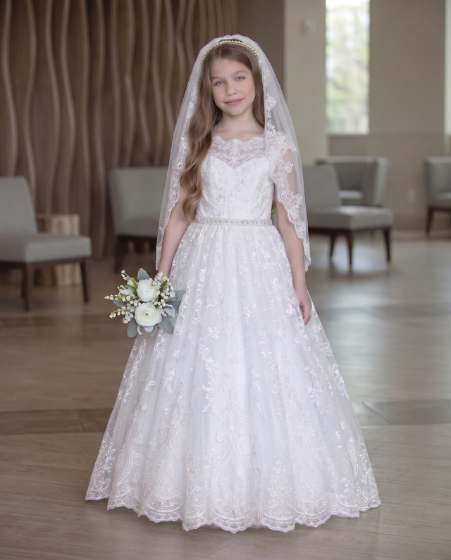 Scalloped Cap Sleeve V-Back Lace Tulle Flower Gir