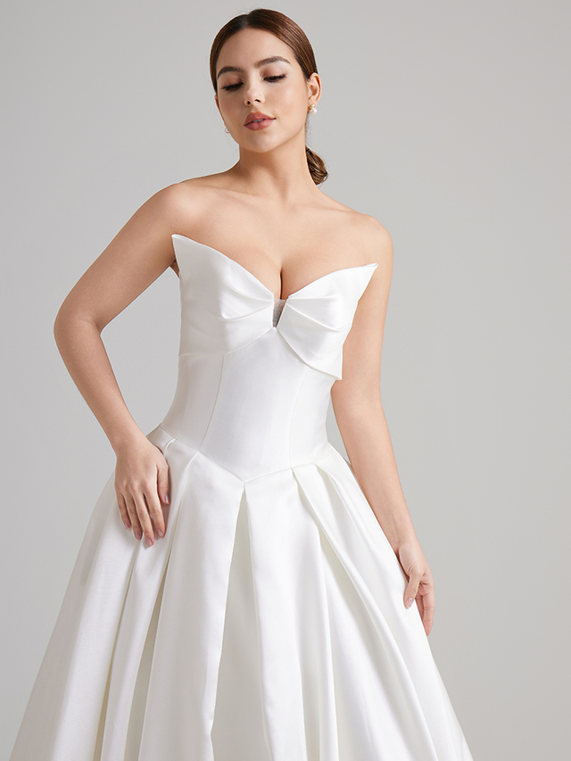 Strapless Bow Bodice Satin Ball Gown Wedding Dress with Side Pockets & Sweep Train