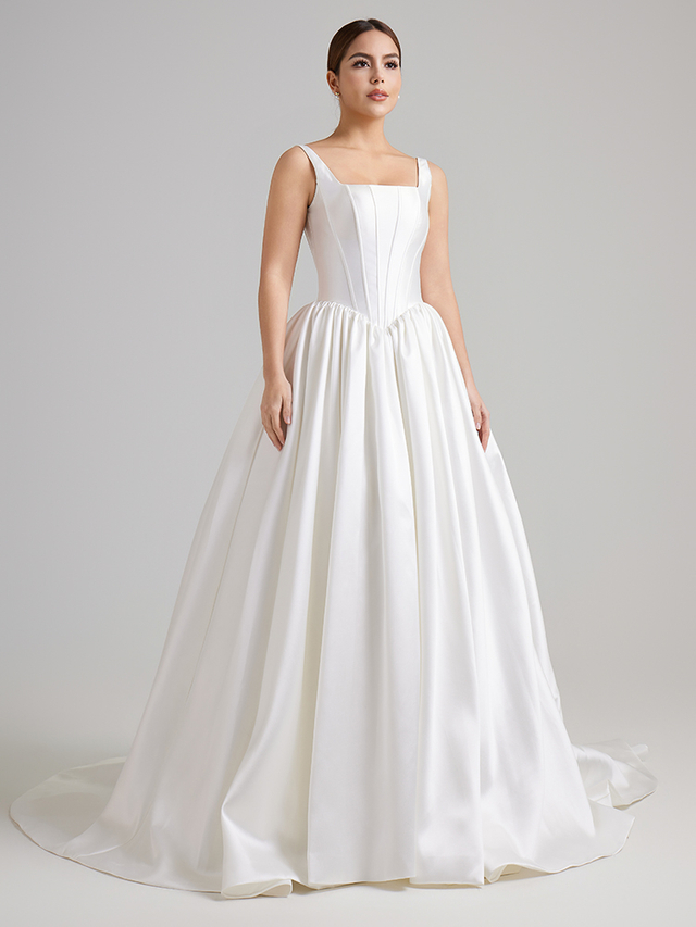Square Neck Spaghetti Strap Corset Taiwan Satin Ball Gown Wedding Dress with Sweep Train