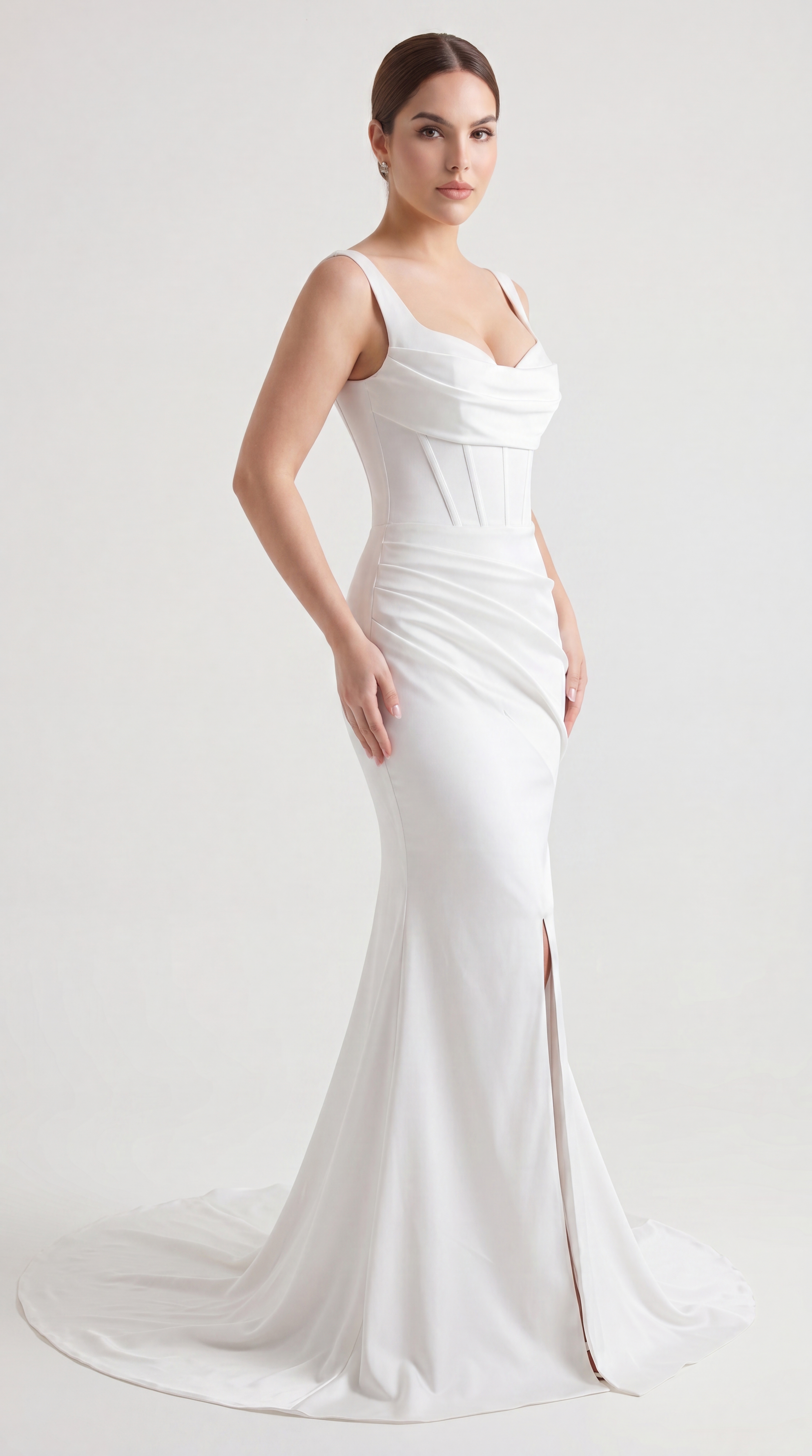 Satin Cowl Neck Mermaid Wedding Dress with Ruched Waist & Front Slit