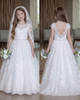 Scalloped Cap Sleeve V-Back Lace Tulle Flower Gir