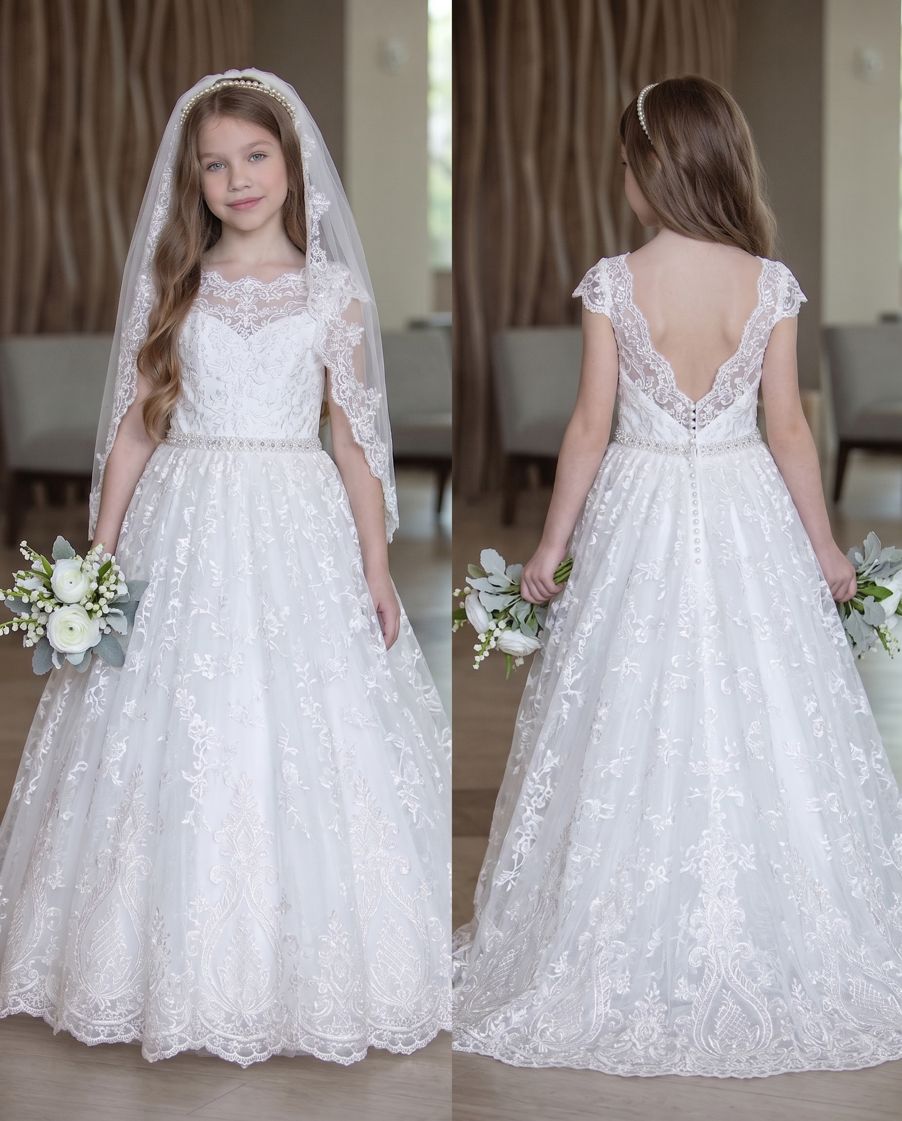 Scalloped Cap Sleeve V-Back Lace Tulle Flower Gir