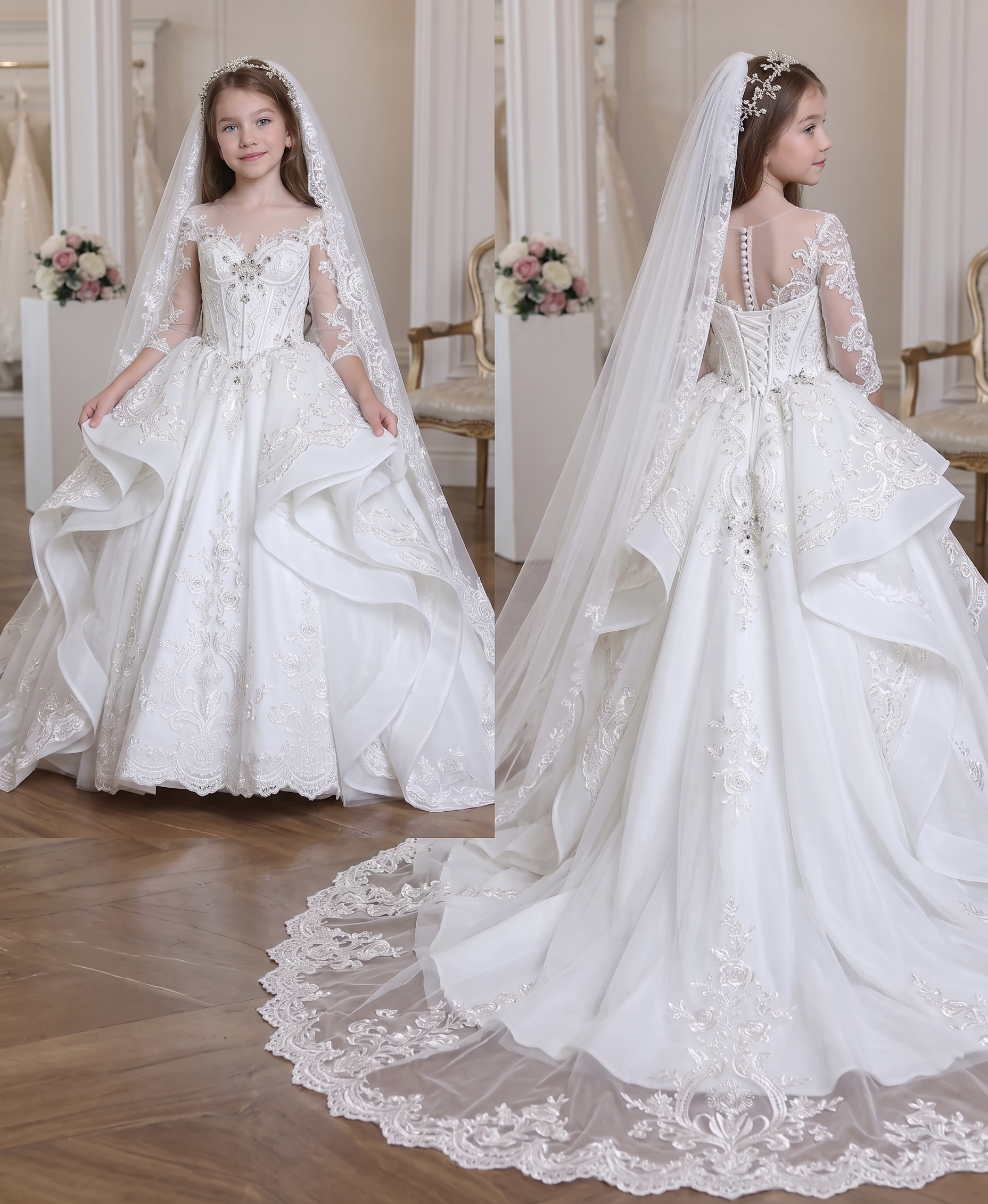 3/4 Sleeve Corset Lace Ball Gown Flower Girl