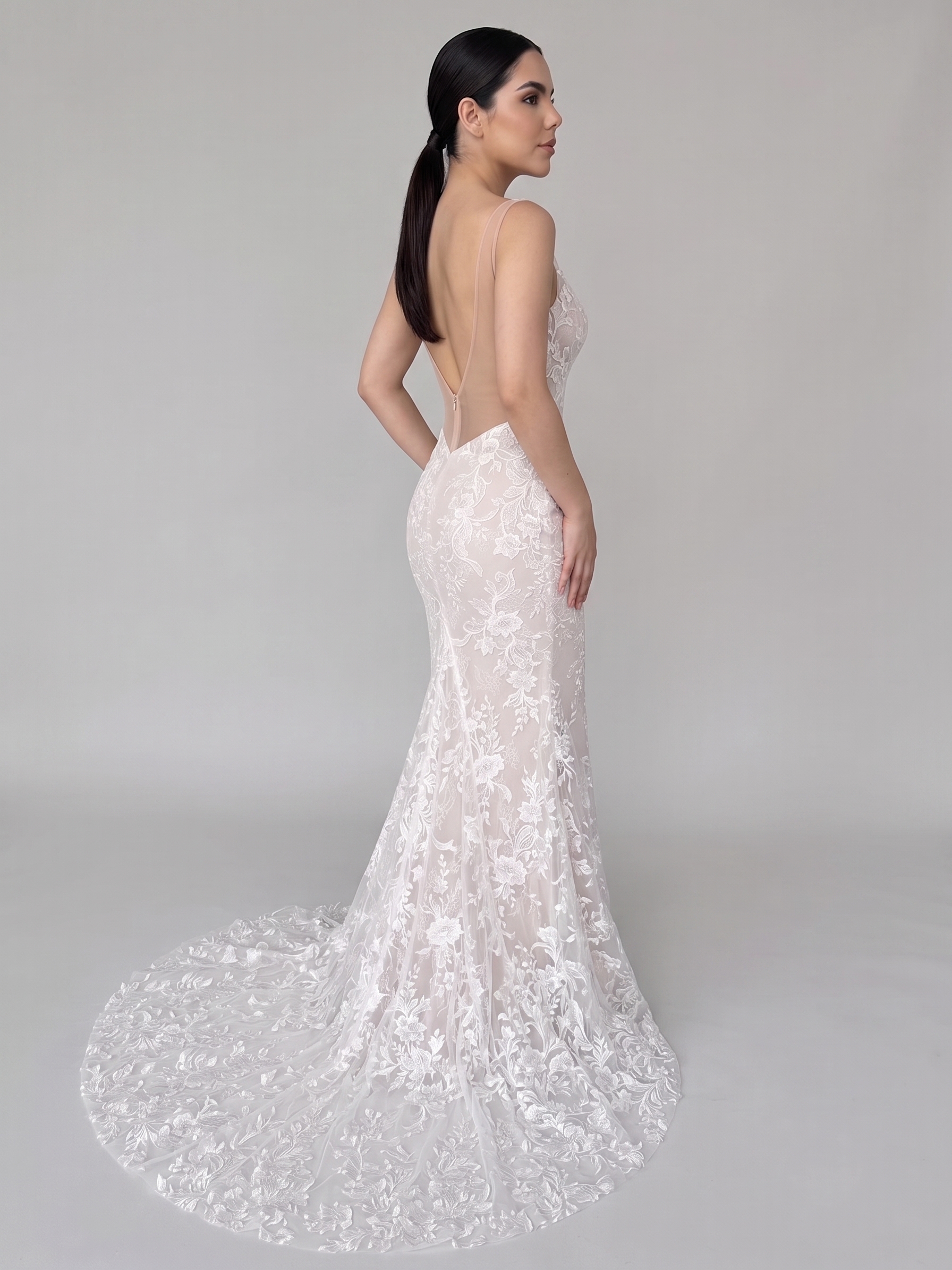Deep V Sleeveless Floral Lace Mermaid Wedding Dress with Long Train