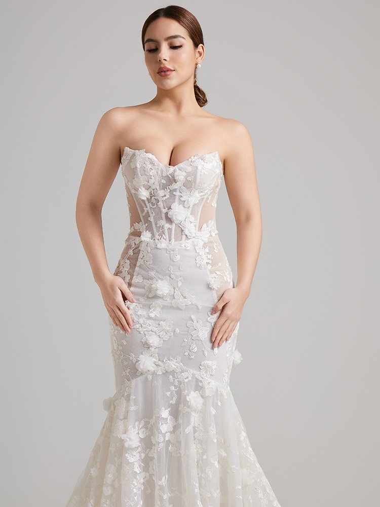 Strapless 3D Floral Lace Mermaid Wedding Dress with Detachable Overskirt & Sheer Corset