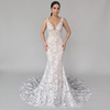 Deep V Sleeveless Floral Lace Mermaid Wedding Dress with Long Train